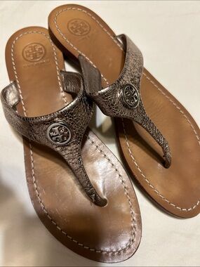 Tory Burch Metallic Taupe Leather Miller Thong Sandals